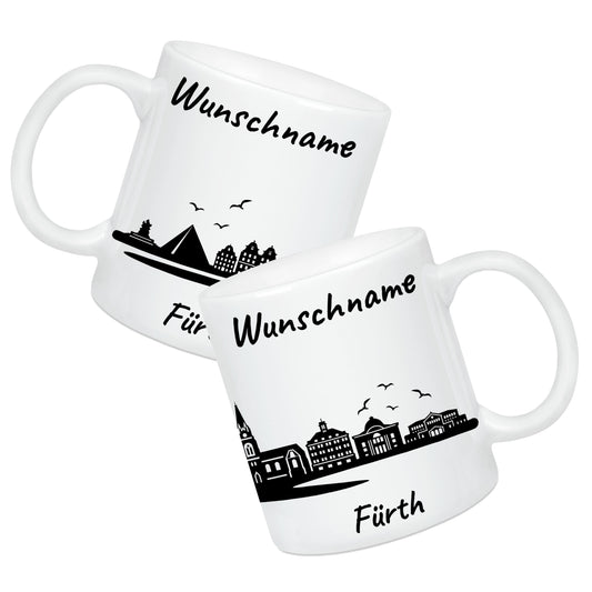 Tasse in Weiß 330ml bedruckt mit der Skyline von Fürth personalisierbar mit Wunschname