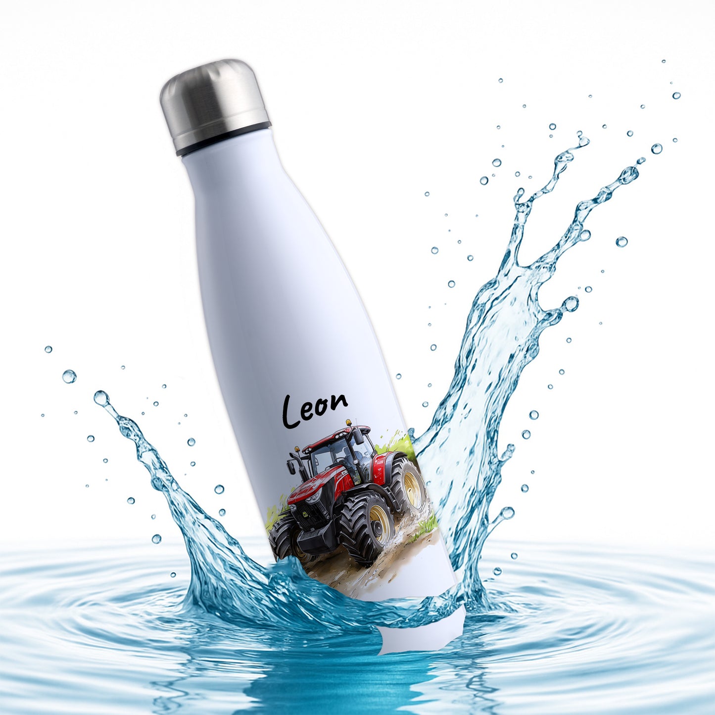 Thermoflasche 500ml in Weiß bedruckt mit tollen Motiven für Kinder "Traktor" personalisierbar mit Wunschname