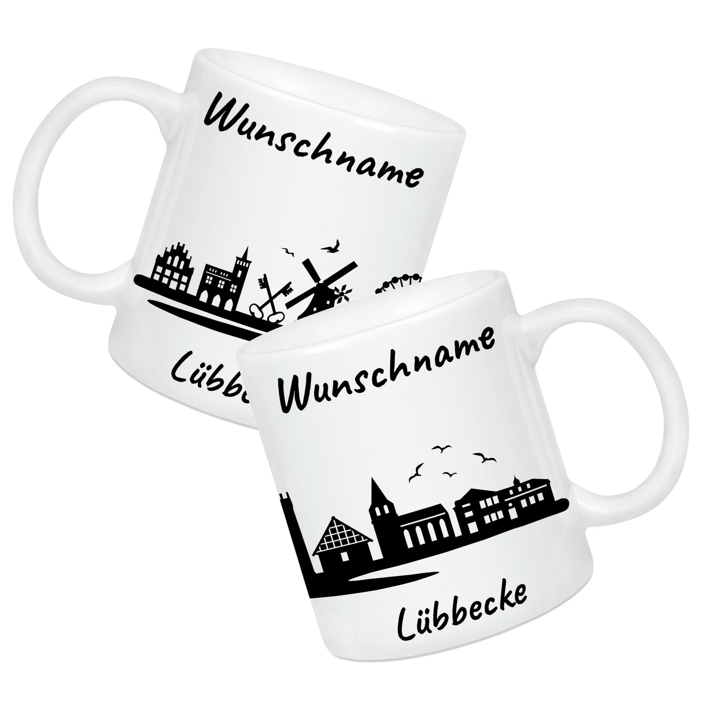 Tasse in Weiß 330ml bedruckt mit der Skyline von Lübbecke personalisierbar mit Wunschname