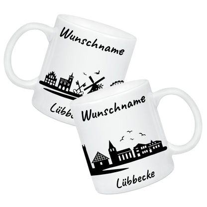 Tasse in Weiß 330ml bedruckt mit der Skyline von Lübbecke personalisierbar mit Wunschname