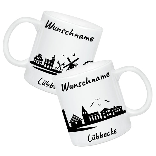 Tasse in Weiß 330ml bedruckt mit der Skyline von Lübbecke personalisierbar mit Wunschname