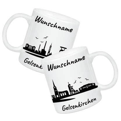 Tasse in Weiß 330ml bedruckt mit der Skyline von Gelsenkirchen personalisierbar mit Wunschname