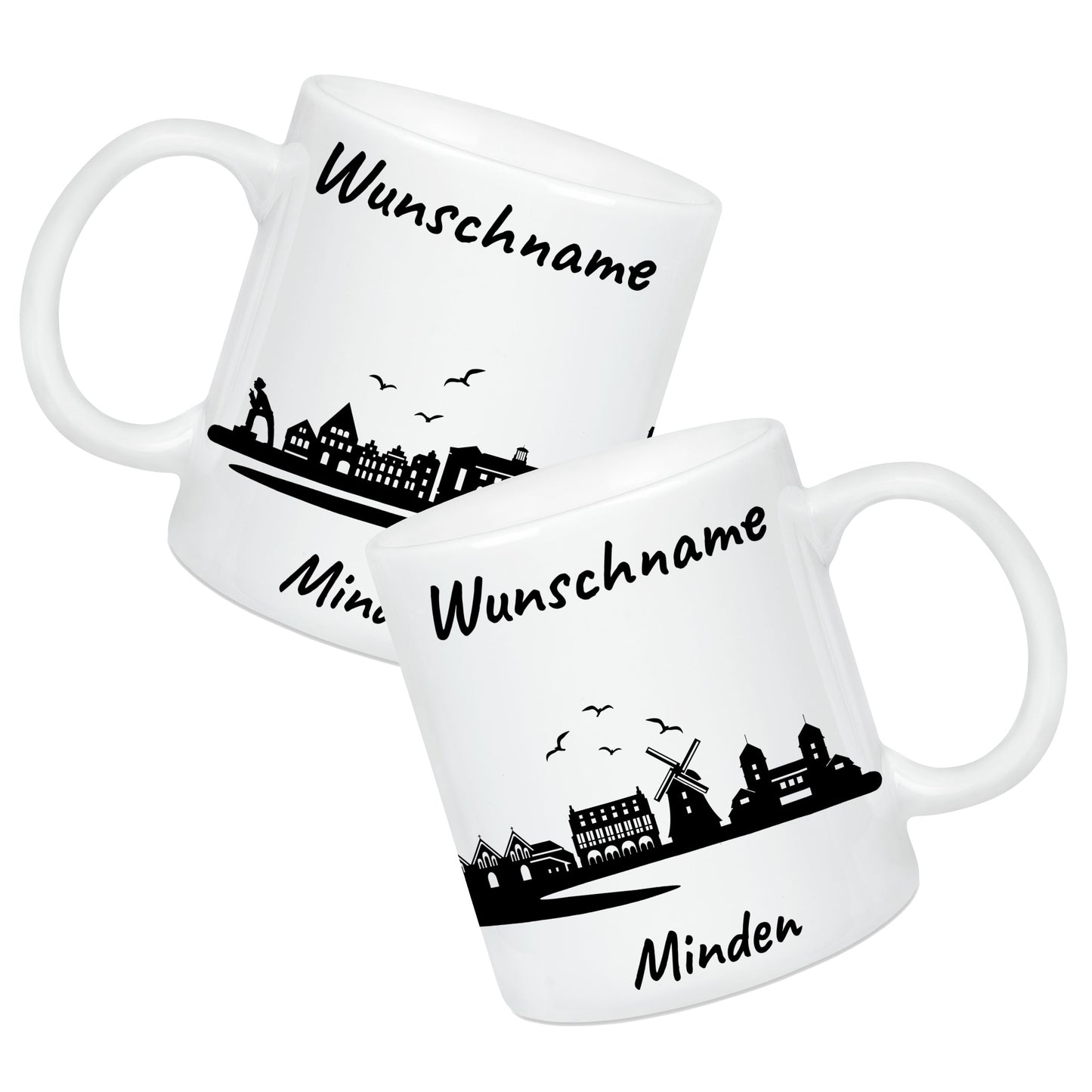 Tasse in Weiß 330ml bedruckt mit der Skyline von Minden personalisierbar mit Wunschname