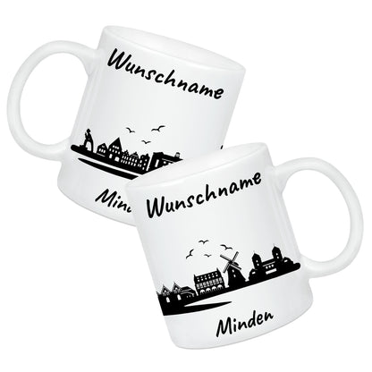 Tasse in Weiß 330ml bedruckt mit der Skyline von Minden personalisierbar mit Wunschname