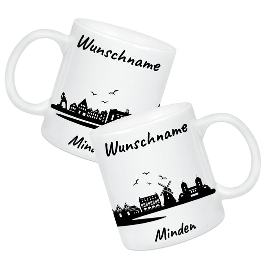 Tasse in Weiß 330ml bedruckt mit der Skyline von Minden personalisierbar mit Wunschname