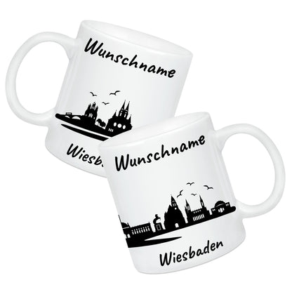 Tasse in Weiß 330ml bedruckt mit der Skyline von Wiesbaden personalisierbar mit Wunschname