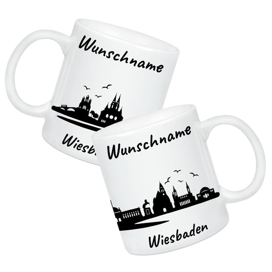 Tasse in Weiß 330ml bedruckt mit der Skyline von Wiesbaden personalisierbar mit Wunschname