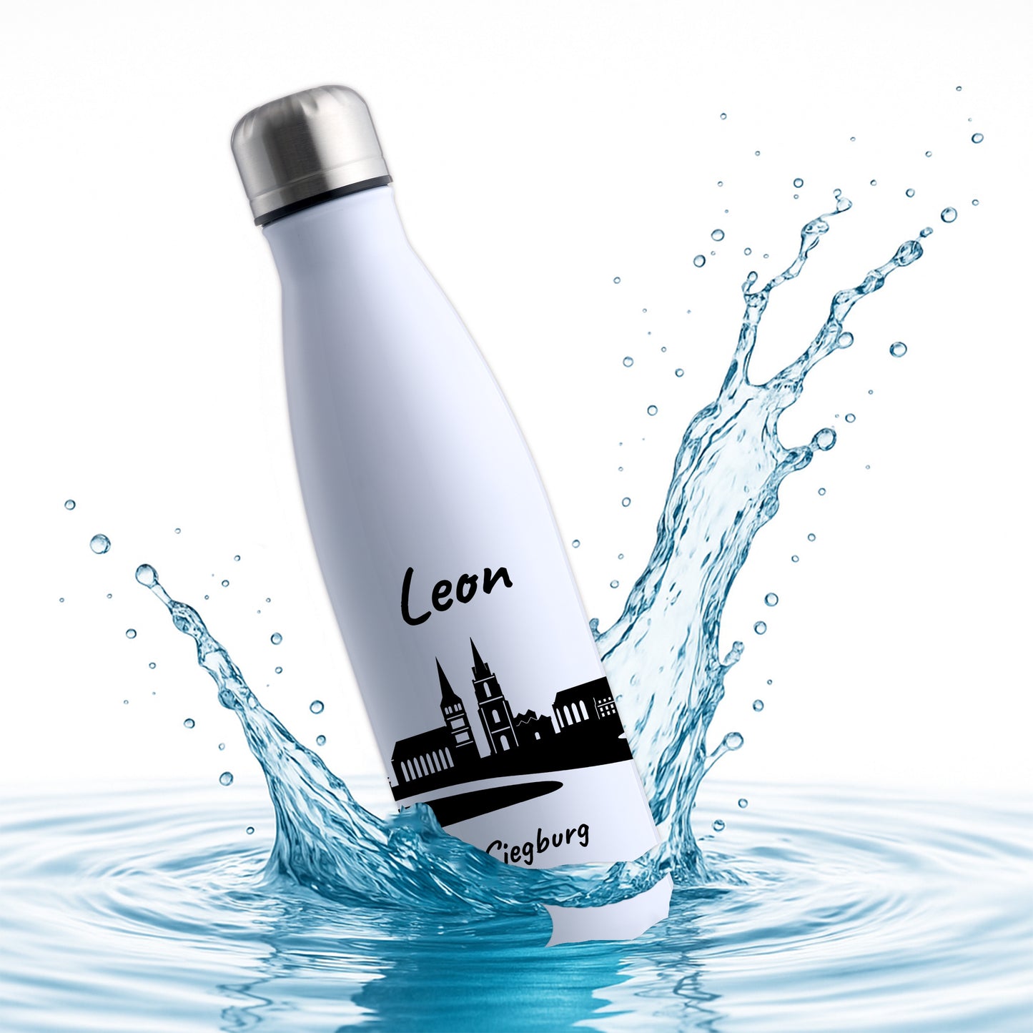 Trinkflasche in Weiß 500ml aus Edelstahl bedruckt mit der Skyline von Siegburg personalisierbar mit Wunschname