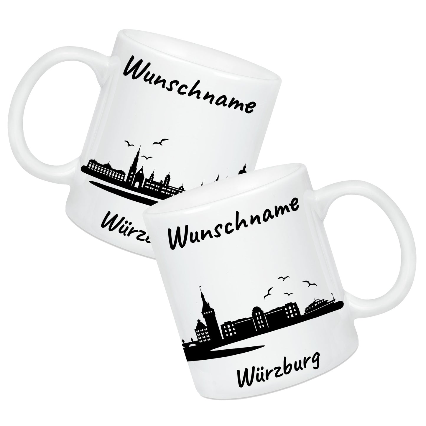 Tasse in Weiß 330ml bedruckt mit der Skyline von Würzburg personalisierbar mit Wunschname