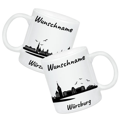 Tasse in Weiß 330ml bedruckt mit der Skyline von Würzburg personalisierbar mit Wunschname