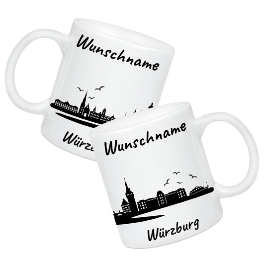 Tasse in Weiß 330ml bedruckt mit der Skyline von Würzburg personalisierbar mit Wunschname