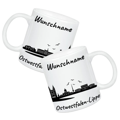 Tasse in Weiß 330ml bedruckt mit der Skyline von Ostwestfalen-Lippe personalisierbar mit Wunschname