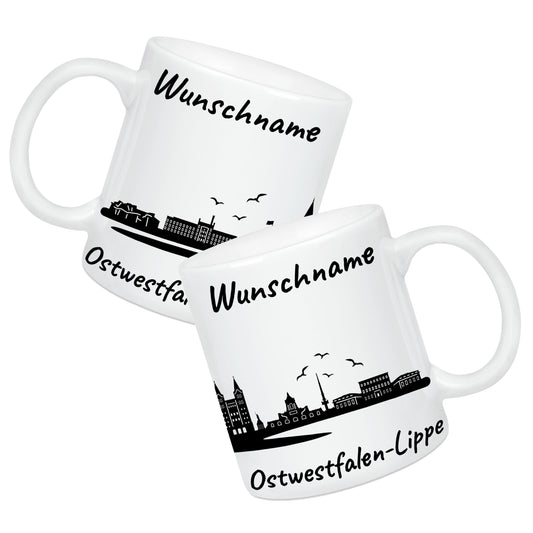 Tasse in Weiß 330ml bedruckt mit der Skyline von Ostwestfalen-Lippe personalisierbar mit Wunschname