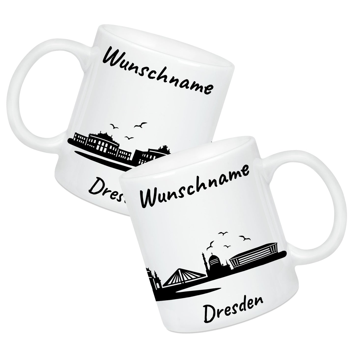 Tasse in Weiß 330ml bedruckt mit der Skyline von Dresden personalisierbar mit Wunschname