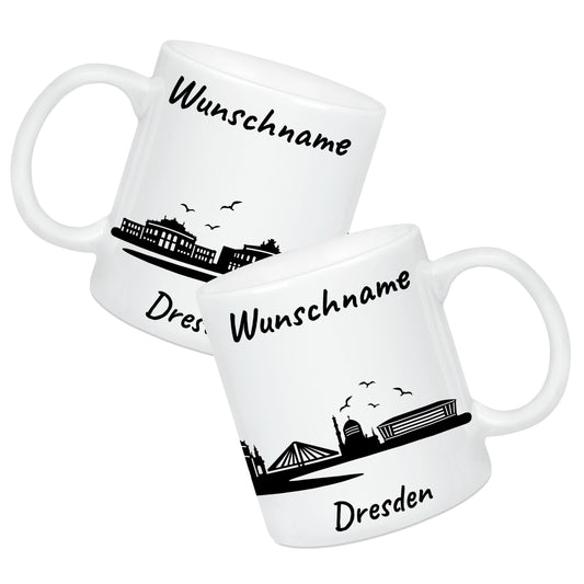 Tasse in Weiß 330ml bedruckt mit der Skyline von Dresden personalisierbar mit Wunschname