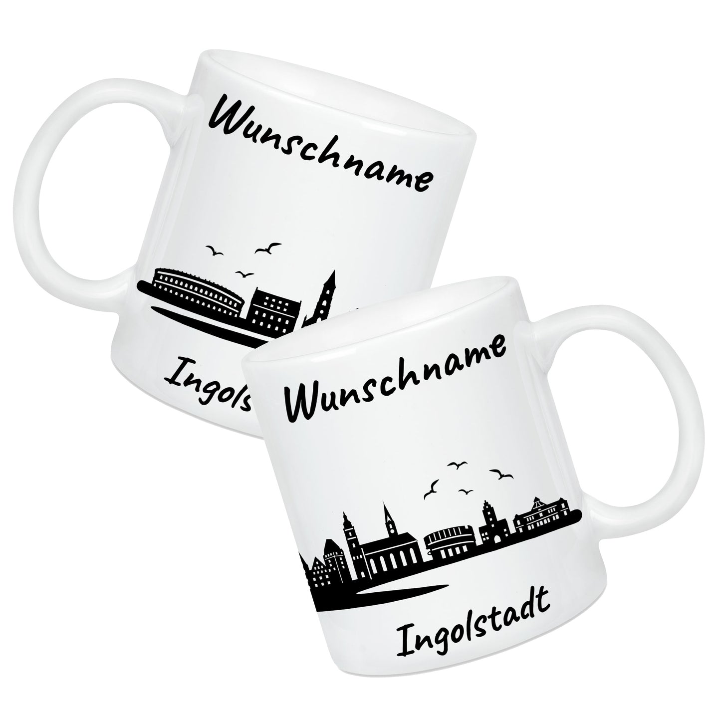 Tasse in Weiß 330ml bedruckt mit der Skyline von Ingolstadt personalisierbar mit Wunschname