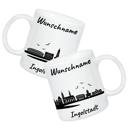Tasse in Weiß 330ml bedruckt mit der Skyline von Ingolstadt personalisierbar mit Wunschname
