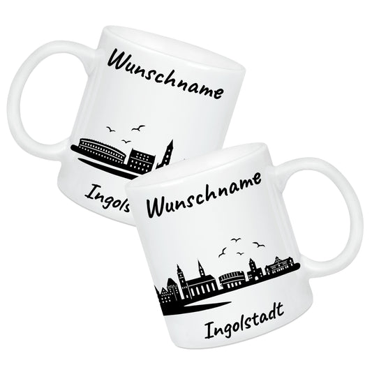 Tasse in Weiß 330ml bedruckt mit der Skyline von Ingolstadt personalisierbar mit Wunschname
