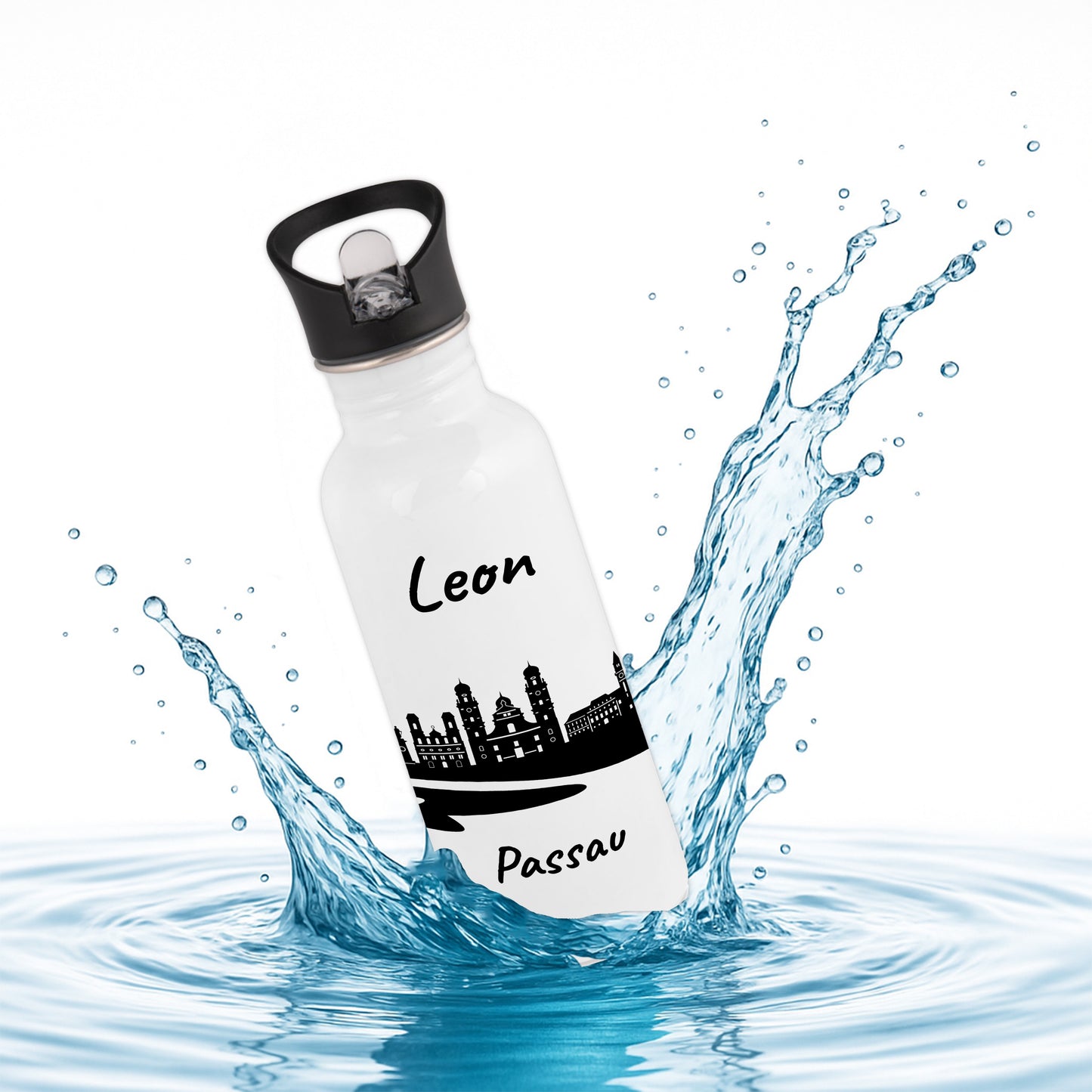 Trinkflasche in Weiß 600ml aus Edelstahl bedruckt mit der Skyline von Passau personalisierbar mit Wunschname