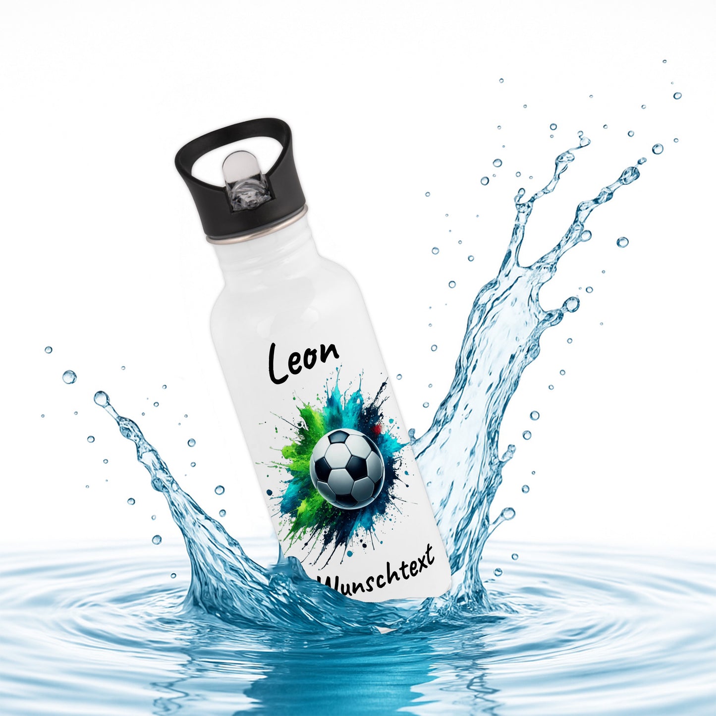 Trinkflasche mit Strohhalm in Weiß 600ml bedruckt mit Fußball Motiven"Motiv8" personalisierbar für Kinder mit Wunschname aus Edelstahl