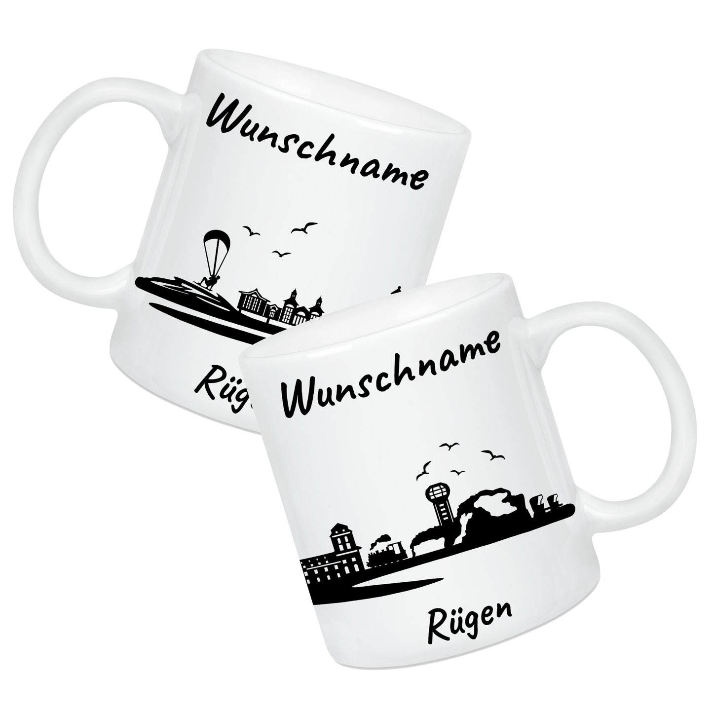 Tasse in Weiß 330ml bedruckt mit der Skyline von Rügen personalisierbar mit Wunschname