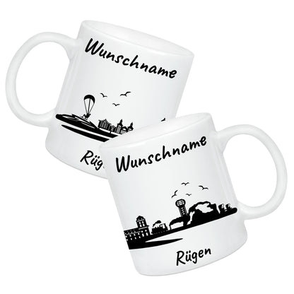 Tasse in Weiß 330ml bedruckt mit der Skyline von Rügen personalisierbar mit Wunschname