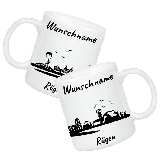 Tasse in Weiß 330ml bedruckt mit der Skyline von Rügen personalisierbar mit Wunschname