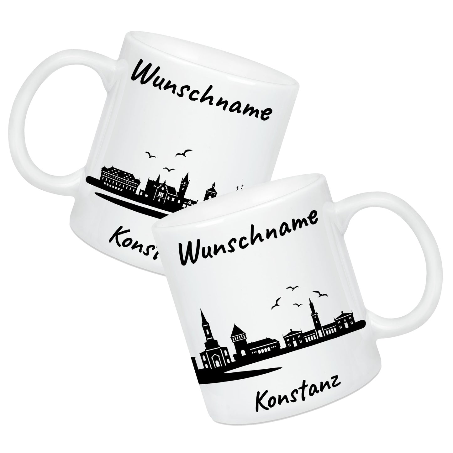 Tasse in Weiß 330ml bedruckt mit der Skyline von Konstanz personalisierbar mit Wunschname