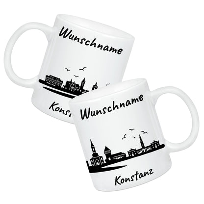 Tasse in Weiß 330ml bedruckt mit der Skyline von Konstanz personalisierbar mit Wunschname