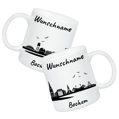 Tasse in Weiß 330ml bedruckt mit der Skyline von Bochum personalisierbar mit Wunschname