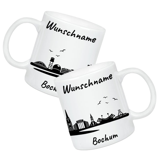 Tasse in Weiß 330ml bedruckt mit der Skyline von Bochum personalisierbar mit Wunschname