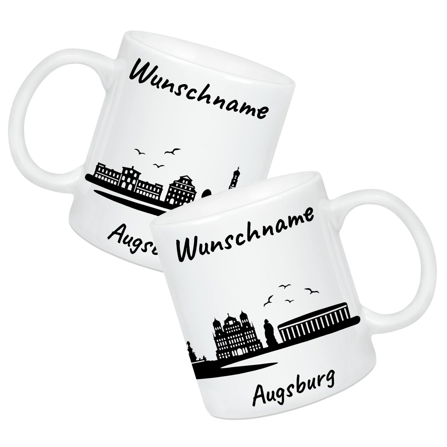 Tasse in Weiß 330ml bedruckt mit der Skyline von Augsburg personalisierbar mit Wunschname