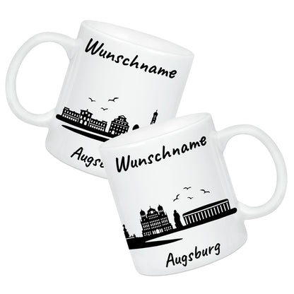 Tasse in Weiß 330ml bedruckt mit der Skyline von Augsburg personalisierbar mit Wunschname
