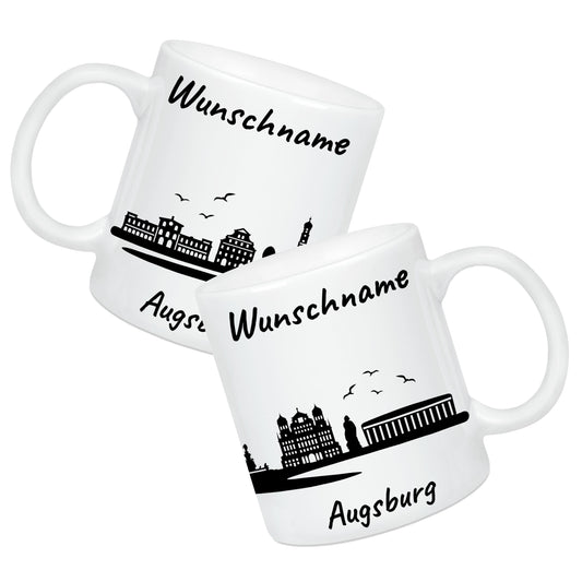 Tasse in Weiß 330ml bedruckt mit der Skyline von Augsburg personalisierbar mit Wunschname