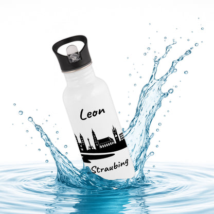 Trinkflasche in Weiß 600ml aus Edelstahl bedruckt mit der Skyline von Straubing personalisierbar mit Wunschname