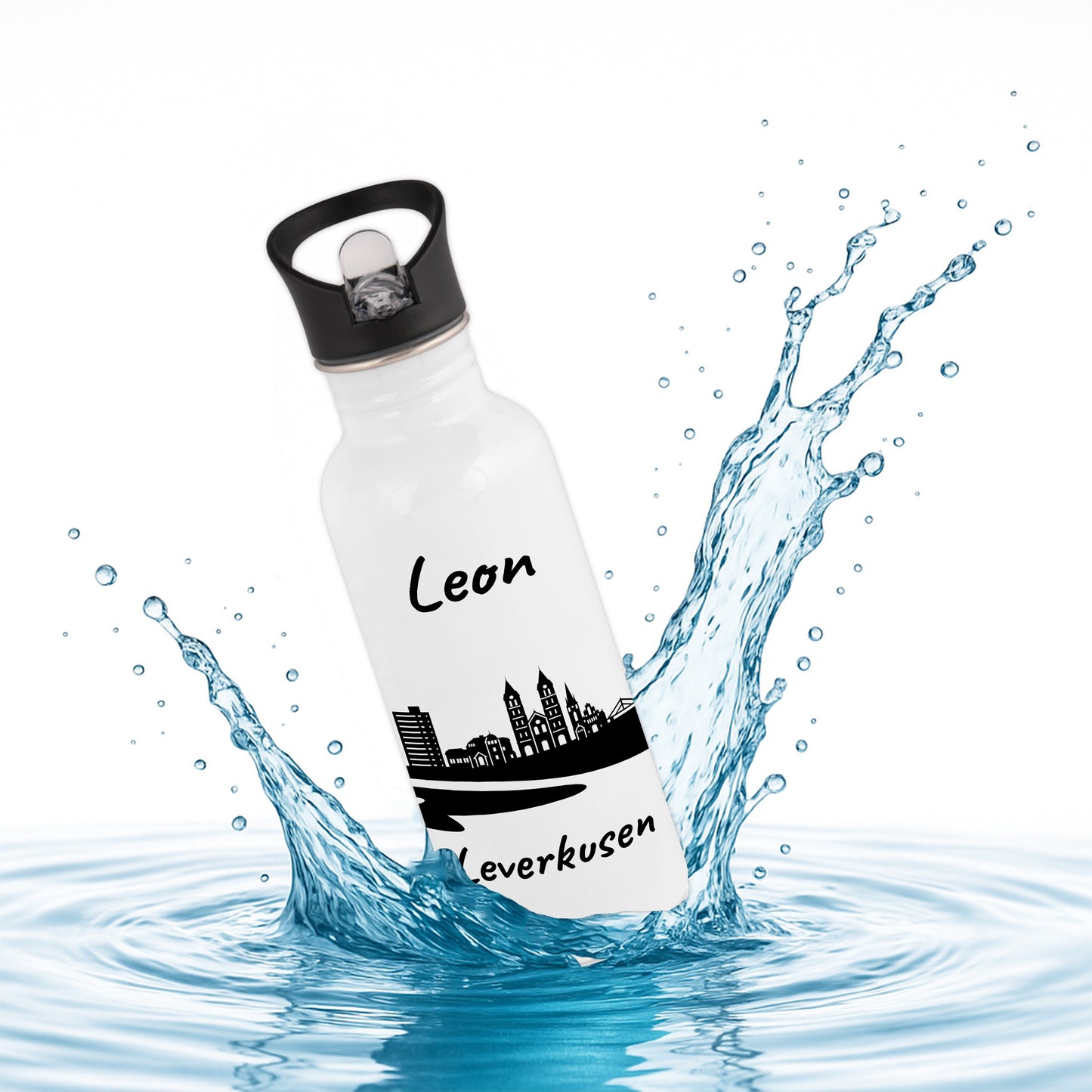 Trinkflasche in Weiß 600ml aus Edelstahl bedruckt mit der Skyline von Leverkusen personalisierbar mit Wunschname