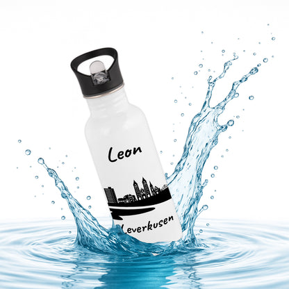 Trinkflasche in Weiß 600ml aus Edelstahl bedruckt mit der Skyline von Leverkusen personalisierbar mit Wunschname