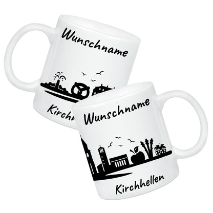 Tasse in Weiß 330ml bedruckt mit der Skyline von Kirchhellen personalisierbar mit Wunschname