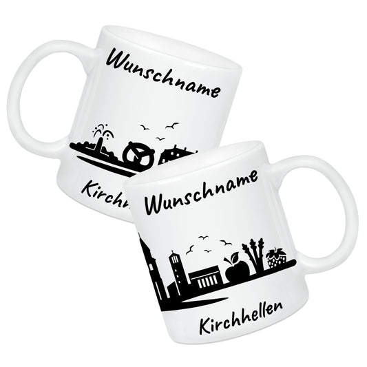 Tasse in Weiß 330ml bedruckt mit der Skyline von Kirchhellen personalisierbar mit Wunschname