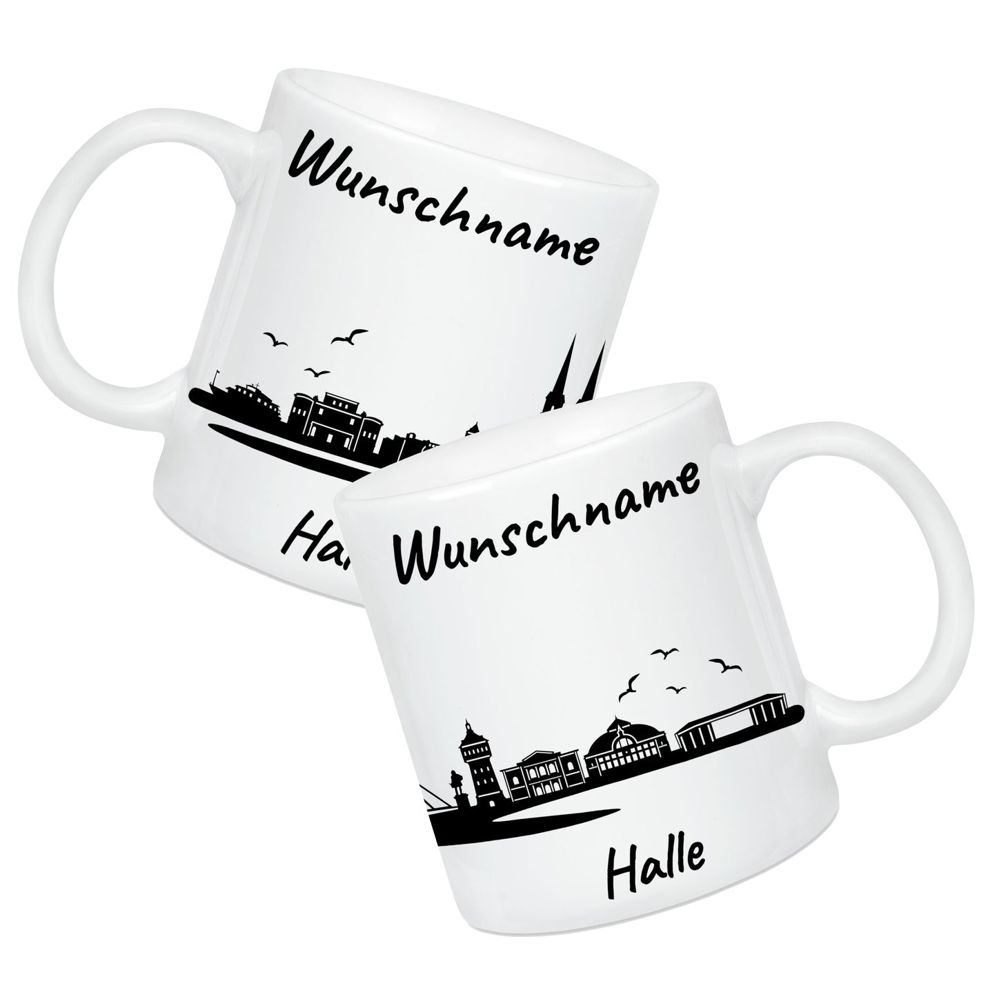 Tasse in Weiß 330ml bedruckt mit der Skyline von Halle personalisierbar mit Wunschname