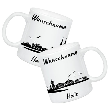 Tasse in Weiß 330ml bedruckt mit der Skyline von Halle personalisierbar mit Wunschname