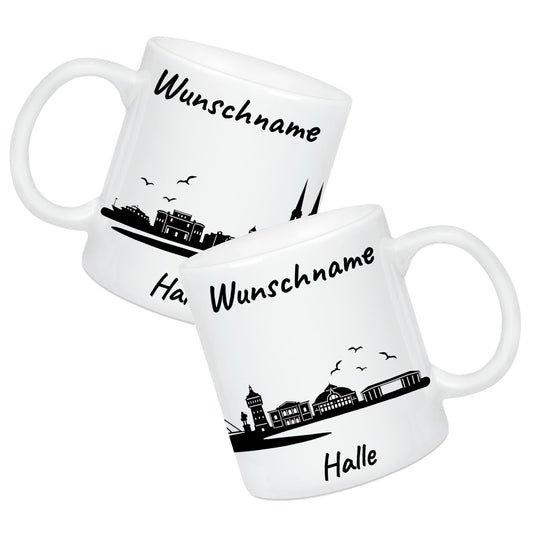 Tasse in Weiß 330ml bedruckt mit der Skyline von Halle personalisierbar mit Wunschname