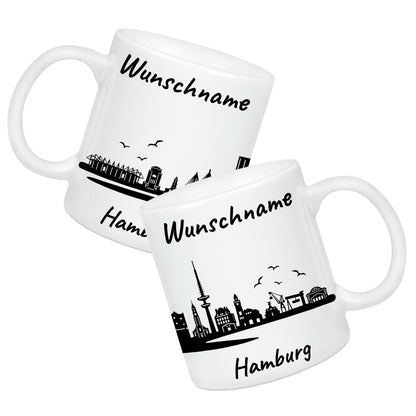 Tasse in Weiß 330ml bedruckt mit der Skyline von Hamburg personalisierbar mit Wunschname
