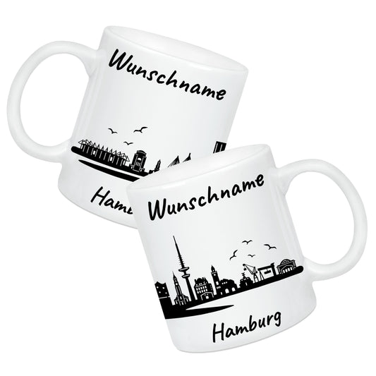 Tasse in Weiß 330ml bedruckt mit der Skyline von Hamburg personalisierbar mit Wunschname