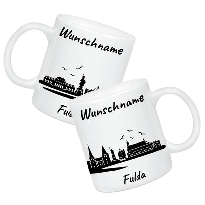 Tasse in Weiß 330ml bedruckt mit der Skyline von Fulda personalisierbar mit Wunschname