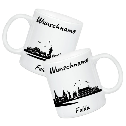 Tasse in Weiß 330ml bedruckt mit der Skyline von Fulda personalisierbar mit Wunschname
