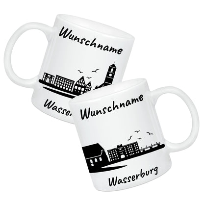 Tasse in Weiß 330ml bedruckt mit der Skyline von Wasserburg personalisierbar mit Wunschname