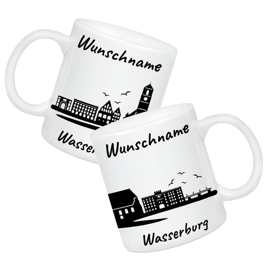 Tasse in Weiß 330ml bedruckt mit der Skyline von Wasserburg personalisierbar mit Wunschname