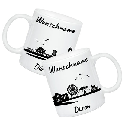 Tasse in Weiß 330ml bedruckt mit der Skyline von Düren personalisierbar mit Wunschname