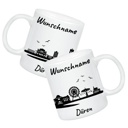 Tasse in Weiß 330ml bedruckt mit der Skyline von Düren personalisierbar mit Wunschname
